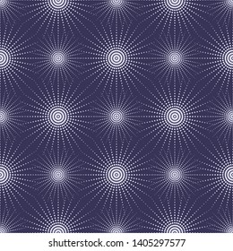 Seamless Background with Abstract Blue Half Tone Dotted Sun or Star Shaped Objects Pattern with Spheres, Spiral Circles, Rounds for Fabric Print Ornament, Wrapping Paper. Flat Vector Illustration.