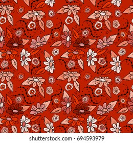 Seamless background with abstract cartoon chamomiles and daisies. Flower pattern. For your design, postcards, packing papers or prints.Hand drawn illustration. Boho style