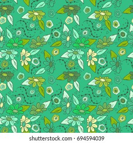 Seamless background with abstract cartoon chamomiles and daisies. Flower pattern. For your design, postcards, packing papers or prints.Hand drawn illustration. Boho style