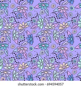 Seamless background with abstract cartoon chamomiles and daisies. Flower pattern. For your design, postcards, packing papers or prints.Hand drawn illustration. Boho style
