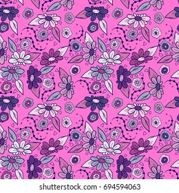 Seamless background with abstract cartoon chamomiles and daisies. Flower pattern. For your design, postcards, packing papers or prints.Hand drawn illustration. Boho style