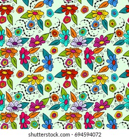 Seamless background with abstract cartoon chamomiles and daisies. Flower pattern. For your design, postcards, packing papers or prints.Hand drawn illustration. Boho style