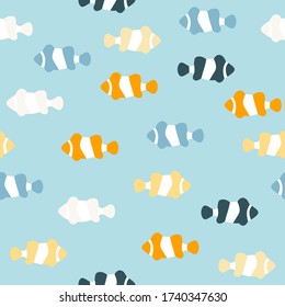 Fondo sin soldadura con peces payasos abstractos, ilustración vectorial colorida de verano, patrón de repetición subacuático