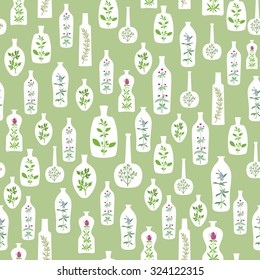 Seamless background with abstract extracts of herbs. Repeatable textile or web pattern with different bottles silhouettes and aromatic plants inside. Vector file is EPS8.