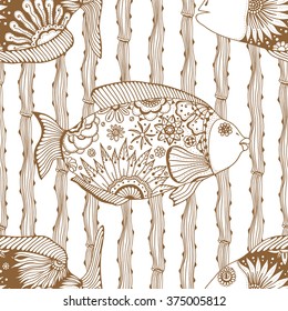 Seamless background of abstract fish: pipefish and small fish, plants, hand drawn style zentangl. Brown and white vector illustration.