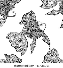 Seamless background of abstract fish: pipefish and small fish, plants, hand drawn style zentangle. Black and white vector illustration.