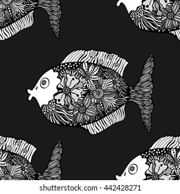 Seamless background of abstract fish: pipefish and small fish, plants, hand drawn . Black and white vector illustration.