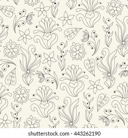 Seamless background with abstract flowers and leaves. Cute pattern with doodle elements in black and beige. Can be used for any surface.