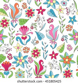 Seamless background with abstract flowers and leaves. Cute pattern with doodle elements. Background for any surface.