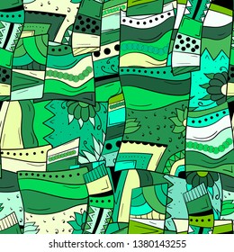 Seamless background with abstract geometric pattern. With flowers and leaves. Squares and circles