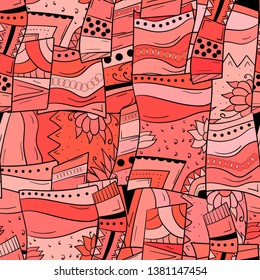 Seamless background with abstract geometric pattern. With flowers and leaves. Squares and circles