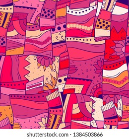 Seamless background with abstract geometric pattern. With flowers and leaves. Squares and circles