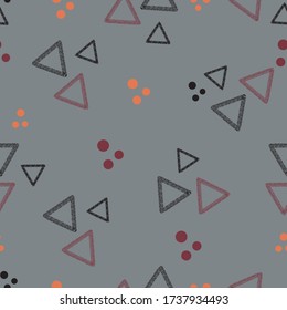 Seamless background Abstract geometric pattern, triangle, lines and spots. Scandinavian style Background design for paper, textile, fabric, ceramics, tiles. Vector graphics.