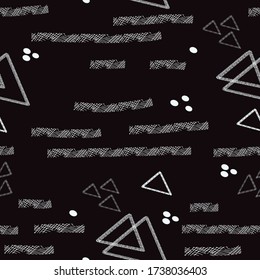 Seamless background Abstract geometric pattern, triangle, lines and spots. Scandinavian style Background design for paper, textile, fabric, ceramics, tiles. Vector graphics.