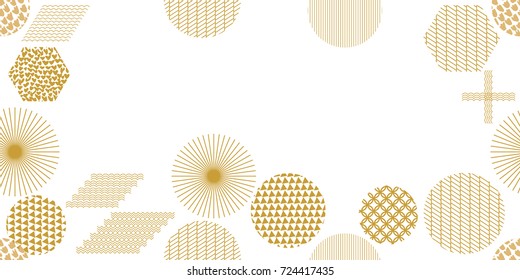 Seamless background with abstract geometric shapes. Circles, triangles, parallelograms, hexagons with different ornaments on white background. Composition for textile design, web design, cards.