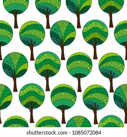 Seamless Background with Abstract Green Patterned Forest Trees, Isolated on White. Tile Pattern for Your Design. Vector