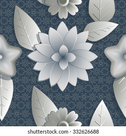 Seamless background abstract illustration of nature. Figure 3D, flowers, leaves. Color silver,  blue hue. Vector EPS10.