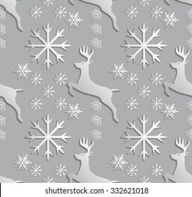 Seamless background abstract illustration of winter. Figure 3D, reindeer, snowflakes. Colour white, gray. Vector EPS8.