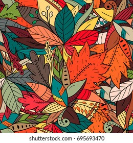 Seamless background with abstract leaves. Autumn pattern.For your design, postcards, packing papers or prints.Hand drawn illustration. Boho style