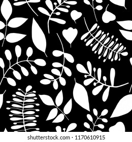 Seamless background of abstract leaves in black and white. Vector.
