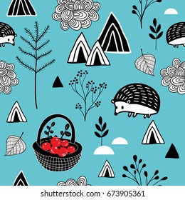 Seamless background with abstract mountains and cute animals. Vector endless pattern.