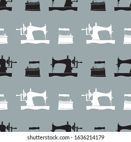 Seamless background of abstract old sewing machines and vintage irons