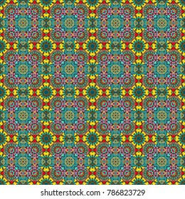 A seamless background. Abstract ornament. Green, yellow and blue texture. Wallpaper in the geometrical style. Graphic vector pattern.