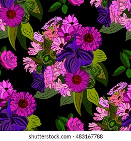 Seamless background. Abstract pattern with bright flowers. Vector illustration.