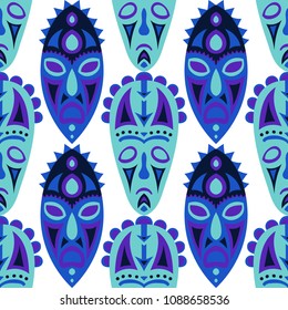 Seamless Background. Abstract Seamless Pattern with Color Masks for Print or Card. Ethnic Seamless Background with Color Trible Ritual Masks for your Design. Vector Texture.