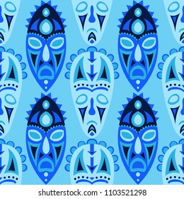 Seamless Background. Abstract Seamless Pattern with Color Masks for Print or Card. Ethnic Seamless Background with Color Trible Ritual Masks for your Design. Vector Texture.