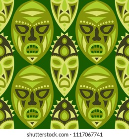 Seamless Background. Abstract Seamless Pattern with Color Masks for Textile or Paper. Ethnic Seamless Background with Color Trible Ritual Masks for your Design. Vector Texture.