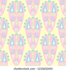 Seamless Background. Abstract Seamless Pattern with Color Masks for Textile or Paper. Ethnic Seamless Background with Color Trible Ritual Masks for your Design. Vector Texture.