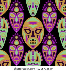 Seamless Background. Abstract Seamless Pattern with Color Masks for Card or Poster. Ethnic Seamless Pattern with Color Trible Shamanic Masks for your Design. Vector Texture.