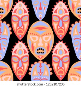 Seamless Background. Abstract Seamless Pattern with Color Masks for Poster or Banner. Ethnic Seamless Background with Color Trible Ritual Masks for your Design. Vector Texture.