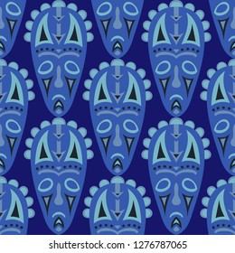 Seamless Background. Abstract Seamless Pattern with Color Masks for Textile or Paper. Ethnic Seamless Background with Color Trible Ritual Masks for your Design. Vector Texture.