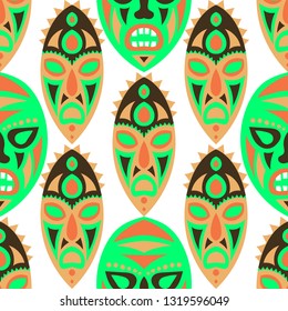 Seamless Background. Abstract Seamless Pattern with Color Masks for Print or Card. Ethnic Seamless Background with Color Trible Ritual Masks for your Design. Vector Texture.