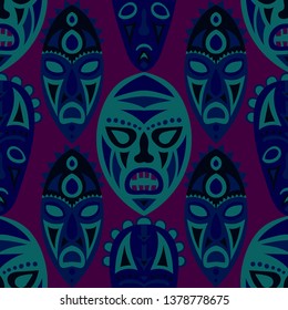 Seamless Background. Abstract Seamless Pattern with Color Masks for Card or Poster. Ethnic Seamless Background with Color Trible Ritual Masks for your Design. Vector Texture.