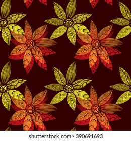 Seamless background. Abstract pattern with ornamental flowers in ethnic style. Vector illustration.