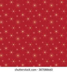 Seamless background abstract pattern with repeating golden sparkle starry graphic ornament on the red background. Vector eps illustration