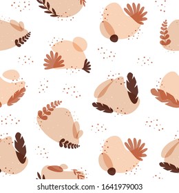 Seamless background with abstract patterns, bubbles, wavy shapes, leaves. Vector illustration, textile, home decor, poster