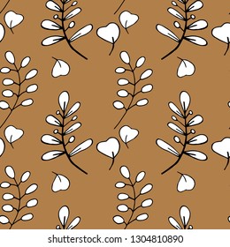 Seamless background of abstract plant branches on brown background