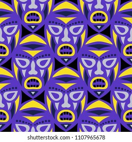 Seamless Background. Abstract Seamless Background with Ritual Masks for Poster or Banner. Ethnic Seamless Background with Color Trible Ritual Masks for your Design. Vector Texture.