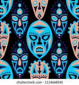 Seamless Background. Abstract Seamless Background with Ritual Masks for Card or Poster. Ethnic Seamless Background with Color Trible Ritual Masks for your Design. Vector Texture.