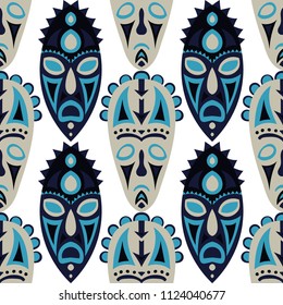 Seamless Background. Abstract Seamless Background with Ritual Masks for Poster or Banner. Ethnic Seamless Pattern with Color Trible Shamanic Masks for your Design. Vector Texture.