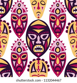 Seamless Background. Abstract Seamless Background with Ritual Masks for Card or Poster. Ethnic Seamless Pattern with Color Trible Shamanic Masks for your Design. Vector Texture.