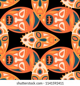 Seamless Background. Abstract Seamless Background with Ritual Masks for Textile or Paper. Ethnic Seamless Pattern with Color Trible Shamanic Masks for your Design. Vector Texture.