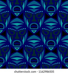 Seamless Background. Abstract Seamless Background with Ritual Masks for Print or Card. Ethnic Seamless Background with Color Trible Ritual Masks for your Design. Vector Texture.