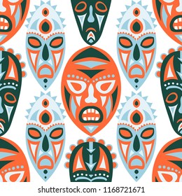 Seamless Background. Abstract Seamless Background with Ritual Masks for Textile or Paper. Ethnic Seamless Background with Tribal Ritual Masks for your Design. Vector Texture.