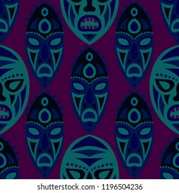 Seamless Background. Abstract Seamless Background with Ritual Masks for Textile or Paper. Ethnic Seamless Background with Color Trible Ritual Masks for your Design. Vector Texture.
