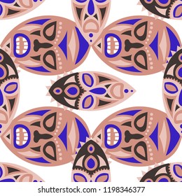 Seamless Background. Abstract Seamless Background with Ritual Masks for Card or Poster. Ethnic Seamless Pattern with Color Trible Shamanic Masks for your Design. Vector Texture.